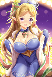 Rule 34 | 1girl, :d, blonde hair, blue dress, blue gloves, blue hat, blush, breasts, cleavage, commentary request, dress, earrings, elbow gloves, flower, flower earrings, gloves, hands up, hat, highres, jewelry, large breasts, long hair, looking at viewer, open mouth, parted bangs, pointy ears, princess connect!, puffy short sleeves, puffy sleeves, purple eyes, red flower, short sleeves, smile, solo, star (symbol), very long hair, xenon (for achieve), yukari (christmas) (princess connect!), yukari (princess connect!)