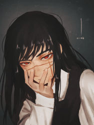 Rule 34 | 1girl, absurdres, artist name, black background, black hair, chainsaw man, collared shirt, covering own mouth, cross scar, dark background, dress, facial scar, highres, long hair, looking at viewer, messy hair, niroxin, pinafore dress, red eyes, scar, scar on cheek, scar on face, shirt, sleeveless, sleeveless dress, solo, white shirt, yoru (chainsaw man)