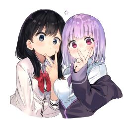 Rule 34 | 2girls, absurdres, black hair, blue eyes, blush, cardigan, closed mouth, commentary request, gridman universe, highres, looking at viewer, medium hair, multiple girls, pink eyes, pink hair, purple neckwear, ranf, red eyes, red neckwear, red ribbon, ribbon, shinjou akane, shirt, short hair, simple background, sleeves past wrists, smile, ssss.gridman, star (symbol), takarada rikka, upper body, v, white background, white cardigan, white shirt
