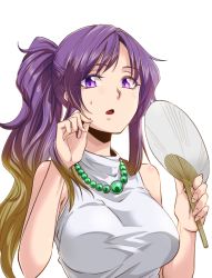 Rule 34 | 1girl, alternate costume, alternate hairstyle, bare shoulders, bead necklace, beads, breasts, brown hair, contemporary, fanning face, gradient hair, hand fan, hijiri byakuren, holding, holding fan, jewelry, kakao (noise-111), large breasts, looking at viewer, multicolored hair, necklace, open mouth, paper fan, ponytail, prayer beads, purple eyes, purple hair, shirt, sidelocks, sleeveless, sleeveless shirt, solo, sweat, taut clothes, taut shirt, touhou, two-tone hair, uchiwa, upper body, white background, white shirt