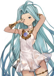 Rule 34 | 1girl, artist request, blue eyes, blue hair, blush, bracelet, breasts, feet out of frame, gold, granblue fantasy, highres, jewelry, long hair, lyria (granblue fantasy), one eye closed, skirt, sleepy, small breasts, white background