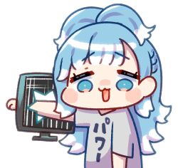 Rule 34 | 1girl, :3, blue eyes, blue hair, blush stickers, broken, chibi, commentary, hololive, hololive indonesia, kobo kanaeru, looking at viewer, monitor, multicolored hair, noname (metaldragonfly), open mouth, outstretched arm, simple background, solid circle eyes, solo, symbol-only commentary, two-tone hair, virtual youtuber, white background, white hair