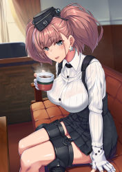 Rule 34 | 1girl, :d, atlanta (kancolle), black hat, black skirt, blouse, blush, breasts, brown hair, coffee, couch, cup, earrings, from side, garrison cap, garter straps, gloves, hat, highres, holding, holding cup, indoors, jewelry, kantai collection, large breasts, long hair, looking at viewer, looking to the side, miniskirt, on couch, open mouth, partially fingerless gloves, pleated skirt, see-through, shigatsu itsuka, shirt, sitting, skirt, smile, solo, star (symbol), star earrings, steam, suspender skirt, suspenders, thigh strap, twintails, two side up, white gloves, white shirt