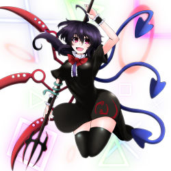Rule 34 | 1girl, :d, ahoge, asymmetrical wings, black dress, black hair, black thighhighs, blush, bow, bowtie, dress, fang, full body, highres, houjuu nue, long hair, looking at viewer, open mouth, polearm, red bow, red bowtie, red eyes, rihito (usazukin), smile, snake, solo, thighhighs, touhou, trident, weapon, wings, zettai ryouiki