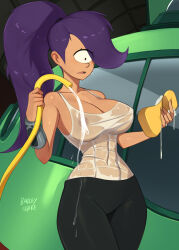 Rule 34 | 1girl, areola slip, barleyshake, breasts, cleavage, covered erect nipples, cowboy shot, cyclops, futurama, highres, hose, large breasts, linea alba, long hair, navel, one-eyed, parted lips, ponytail, purple hair, see-through, see-through shirt, signature, solo, sponge, tank top, turanga leela, water, wet, wet clothes, white tank top