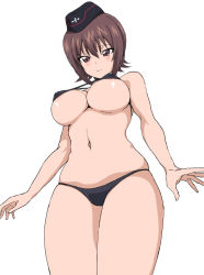 Rule 34 | 10s, 1girl, areola slip, bikini, blush, breasts, brown eyes, brown hair, covered erect nipples, from below, girls und panzer, guhanshounen, hat, large breasts, looking at viewer, matching hair/eyes, navel, nishizumi maho, simple background, smile, solo, string bikini, swimsuit, underboob, white background, wide hips