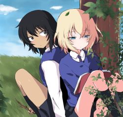 Rule 34 | 2girls, aimai (luckyfive), andou (girls und panzer), back-to-back, bad id, bad pixiv id, bc freedom school uniform, black hair, black legwear, black skirt, black vest, blonde hair, blue eyes, blue neckwear, blue sky, blue sweater, book, brown eyes, cardigan, closed mouth, cloud, cloudy sky, dark-skinned female, dark skin, day, diagonal stripes, dress shirt, girls und panzer, grass, half-closed eyes, holding, holding book, light frown, long sleeves, looking at another, looking back, medium hair, messy hair, miniskirt, multiple girls, necktie, oshida (girls und panzer), outdoors, plant, pleated skirt, red neckwear, school uniform, shirt, sitting, skirt, sky, socks, striped neckwear, sweater, sweater around neck, tree, twig, vest, white shirt, wing collar