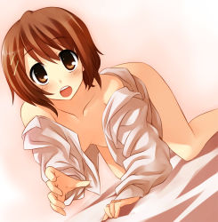 Rule 34 | 00s, 1girl, all fours, bed, bent over, blush, bottomless, brown eyes, brown hair, crawling, dutch angle, female focus, hair ornament, hairclip, hirasawa yui, k-on!, legs, no bra, open clothes, open mouth, open shirt, pino (birthdayparty), pino (pixiv), round teeth, shirt, short hair, solo, teeth, undressing