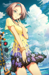 Rule 34 | 1girl, arm between breasts, between breasts, bird, bracelet, breasts, brown hair, choker, cloud, commentary request, cowboy shot, day, dress, floral print, from below, glasses, green eyes, hairband, haitaka, horizon, jewelry, lamp, lamppost, lantern, looking at viewer, ocean, original, outdoors, parted lips, power lines, railing, railroad signal, revision, saltire, short hair, sky, smile, solo, standing, water
