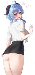 Rule 34 | 1girl, absurdres, ahoge, alternate costume, ass, black panties, black skirt, blue hair, blush, breasts, crossed bangs, from behind, ganyu (genshin impact), genshin impact, goat horns, hand up, highres, horns, id card, large breasts, legs together, long hair, looking at viewer, looking back, microskirt, office lady, open mouth, panties, purple eyes, shirt, short sleeves, sidelocks, simple background, skirt, solo, standing, underwear, white background, white shirt, yuchae