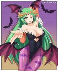 Rule 34 | 10s, 1girl, absurdres, animal print, arm behind head, artist name, bare shoulders, bat (animal), bat print, bat wings, black leotard, blowing kiss, blush, breasts, bridal gauntlets, brown background, capcom, card, card background, cleavage, clothing cutout, cosplay, cowboy shot, crown, curvy, demon girl, feather trim, feathers, female focus, gradient background, green eyes, green hair, head wings, heart, heart cutout, highleg, highleg leotard, highres, kid icarus, kid icarus uprising, large breasts, leotard, long hair, looking at viewer, matching hair/eyes, morrigan aensland, morrigan aensland (cosplay), multicolored background, nintendo, one eye closed, palutena, parted lips, patdarux, purple background, purple legwear, smile, solo, standing, thigh gap, grid background, vampire (game), very long hair, wings, wink