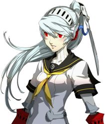 Rule 34 | 1girl, android, arc system works, atlus, labrys (persona), long hair, official art, persona, persona 4: the ultimate in mayonaka arena, ponytail, red eyes, school uniform, soejima shigenori, solo, transparent background