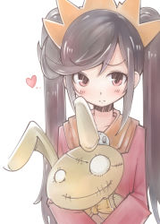 Rule 34 | ashley (warioware), black hair, blush, closed mouth, collarbone, commentary request, dress, hairband, heart, holding, holding stuffed toy, long hair, long sleeves, looking at viewer, nasu800, neckerchief, nintendo, orange hairband, orange neckerchief, red dress, red eyes, sidelocks, simple background, skull, solo, stuffed animal, stuffed rabbit, stuffed toy, twintails, upper body, warioware, white background