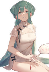 Rule 34 | 1girl, alternate costume, alternate hairstyle, aqua eyes, aqua hair, arl, black ribbon, breasts, china dress, chinese clothes, cleavage cutout, clothing cutout, dress, hand fan, hatsune miku, holding, holding fan, long hair, looking at viewer, medium breasts, ribbon, shaohua hatsune miku, short sleeves, simple background, sitting, solo, thighs, very long hair, vocaloid, white background, white dress