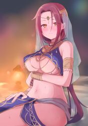 Rule 34 | 1girl, arm under breasts, bare shoulders, blush, breasts, brown eyes, closed mouth, commentary request, gucchiann, highres, lantern, large breasts, long hair, looking at viewer, navel, nose blush, parted bangs, princess connect!, red hair, ruka (princess connect!), ruka (sarasaria) (princess connect!), sitting, solo, underboob, very long hair