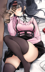 Rule 34 | 1boy, 1girl, bar censor, bed sheet, black hair, black ribbon, black skirt, black thighhighs, blush, breasts, brown eyes, censored, closed mouth, clothed female nude male, clothed sex, collared shirt, convenient leg, feet out of frame, frilled shirt, frilled shirt collar, frilled sleeves, frills, frown, hair spread out, hand up, handjob, hetero, high-waist skirt, highres, idolmaster, idolmaster shiny colors, knee up, long hair, long sleeves, looking at another, lying, male pubic hair, mask, unworn mask, mayuzumi fuyuko, medium breasts, miniskirt, mouth mask, nakamura rohane, neck ribbon, no shoes, nude, on back, penis, penis on face, penis over one eye, pillow, pink shirt, precum, pubic hair, ribbon, shirt, sidelocks, skirt, solo focus, surgical mask, sweat, testicles, thighhighs