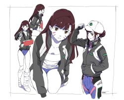 Rule 34 | 1girl, arm sling, arm support, bandaged arm, bandaged leg, bandages, bandaid, bodysuit, breasts, brown hair, cleavage, colored skin, d.va (overwatch), facial mark, hair bun, hand in pocket, hat, headphones, highres, injury, jacket, kneeling, long sleeves, multiple views, open clothes, overwatch, overwatch 1, parted lips, ribbed bodysuit, shooting star d.va, shorts, simple background, single hair bun, sitting, smile, solo focus, standing, taisos, tank top, v, whisker markings, white background, white skin