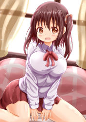 Rule 34 | 1girl, between legs, blush, breasts, brown eyes, brown hair, collared shirt, commentary request, curtains, day, ebina nana, fingernails, hair between eyes, hand between legs, highres, himouto! umaru-chan, indoors, large breasts, long sleeves, looking at viewer, neck ribbon, one side up, open mouth, pleated skirt, red ribbon, red skirt, ribbon, shirt, sitting, skirt, solo, sparkle, sunlight, tears, transparent, wariza, white shirt, window, xenon (for achieve)