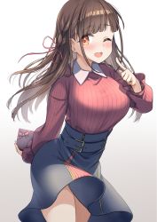 Rule 34 | 1girl, black skirt, box, breasts, brown hair, commentary request, gift, gift box, gradient background, grey background, highres, holding, holding gift, idolmaster, idolmaster shiny colors, kibihimi, large breasts, long hair, long sleeves, looking at viewer, orange eyes, red shirt, shirt, skirt, smile, solo, sonoda chiyoko, striped clothes, striped shirt, thighs, vertical-striped clothes, vertical-striped shirt, white background