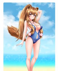 Rule 34 | 1girl, animal ears, beach, blue one-piece swimsuit, breasts, brown hair, closed mouth, flower, hair flower, hair ornament, highres, large breasts, looking at viewer, one-piece swimsuit, pink eyes, ponytail, raccoon ears, raccoon girl, raccoon tail, raphtalia, slave tattoo, smile, solo, standing, sugarbell, swimsuit, tail, tate no yuusha no nariagari, tattoo
