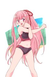 Rule 34 | 1girl, black sports bra, blush, clenched hands, commentary, ekaki-ya okamoto, feet out of frame, hair tie, highres, kotonoha akane, long hair, navel, open mouth, outstretched arm, pink eyes, pink hair, smile, solo, sports bikini, sports bra, standing, stretching, v-shaped eyebrows, very long hair, voiceroid, white background