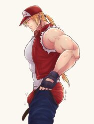 Rule 34 | 1boy, ass, bara, bare arms, baseball cap, belt, blonde hair, bulge, bulge lift, denim, dressing, fatal fury, feet out of frame, from side, hal (harenchiou), hat, highres, i&#039;ve never seen a guy recreate this successfully tbh (meme), jeans, large pectorals, male focus, male underwear, meme, motion lines, muscular, muscular male, open belt, open pants, pants, pants lift, pectorals, red male underwear, shirt, short hair, solo, sweatdrop, tears, terry bogard, torn clothes, torn shirt, undersized clothes, underwear, veins, veiny arms