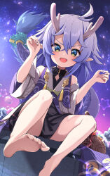 Rule 34 | 1girl, :d, ass, bailu (honkai: star rail), barefoot, braid, chinese clothes, commentary request, detached sleeves, dragon, dragon girl, dragon horns, dragon tail, eastern dragon, fumi (fumibeing), gourd, hair between eyes, highres, honkai: star rail, honkai (series), horns, long hair, long sleeves, looking at viewer, low twintails, night, night sky, open mouth, outdoors, sidelocks, sitting, sky, smile, soles, solo, star (sky), starry sky, tail, tail ornament, tail ring, toes, twin braids, twintails, wide sleeves