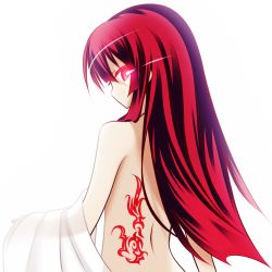 Rule 34 | 1girl, glowing, glowing eye, lethe-shion, long hair, looking at viewer, looking back, nude, original, red eyes, red hair, simple background, solo, white background