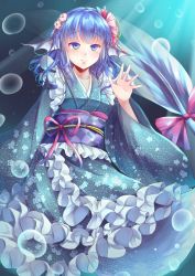 Rule 34 | 1girl, alternate hairstyle, blue eyes, blue hair, bubble, collarbone, commentary request, curly hair, fins, flower, frills, hair flower, hair ornament, head fins, highres, japanese clothes, kanzakietc, kimono, mermaid, monster girl, obi, ribbon, sash, smile, solo, tail, tail ornament, tail ribbon, touhou, underwater, wakasagihime, wavy hair, webbed hands, wide sleeves