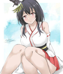 Rule 34 | 1girl, black hair, breasts, commentary request, detached sleeves, feet out of frame, gakky, hair ornament, headgear, japanese clothes, kantai collection, large breasts, medium breasts, one-hour drawing challenge, panties, pleated skirt, red eyes, red skirt, skirt, solo, underwear, white panties, yamashiro (kancolle)