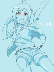 Rule 34 | 00s, 1girl, :d, antenna hair, arm up, bad id, bad pixiv id, blue background, blue theme, clenched hand, english text, hidaka ai, idolmaster, idolmaster dearly stars, looking at viewer, monochrome, necktie, open mouth, red eyes, shorts, simple background, smile, solo, thesale