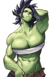 Rule 34 | 1girl, abs, absurdres, arm behind head, armpits, bandages, biceps, black hair, breasts, chest sarashi, cleavage, collarbone, colored skin, female orc, green skin, highres, holding pants, large breasts, looking at viewer, messy hair, muscular, muscular female, navel, orc, original, red eyes, reksha (whatatruehero), sarashi, short hair, simple background, solo, sotcho, tusks, upper body, white background