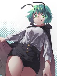 Rule 34 | 1girl, antennae, black shorts, breasts, buttons, cape, closed mouth, commentary request, cowboy shot, green eyes, green hair, highres, long sleeves, looking at viewer, medium breasts, nose, reiga (act000), shirt, short hair, short shorts, shorts, smile, solo, thigh gap, touhou, white shirt, wriggle nightbug