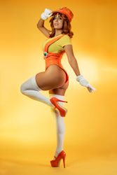 Rule 34 | 1girl, absurdres, artist request, ass, blue eyes, breasts, brown hair, cosplay, cosplay photo, daisy, female focus, flower, full body, gloves, hat, high heels, highres, khainsaw, large breasts, legs, leotard, lips, long hair, mario (series), nintendo, orange footwear, orange hat, orange leotard, photo (medium), pink lips, princess daisy, princess daisy (cosplay), shiny clothes, shiny skin, shirt, solo, standing, standing on one leg, super mario bros. 1, super mario land, thick thighs, thighhighs, thighs, thong leotard, white gloves, white thighhighs, yellow background, yellow shirt
