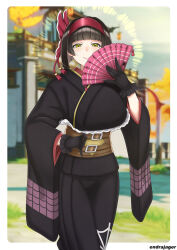 Rule 34 | 1girl, absurdres, belt, black gloves, black hair, black kimono, blurry, blurry background, breasts, closed mouth, covering face, endrajager03, eyebrows hidden by hair, gloves, hairband, halo, hand fan, highres, holding, holding fan, japanese clothes, kimono, large breasts, lipstick, looking at viewer, makeup, mio (tsuki ga michibiku isekai douchuu), multiple belts, photo background, red hairband, short hair, signature, smile, solo, tsuki ga michibiku isekai douchuu, white sleeves, yellow eyes