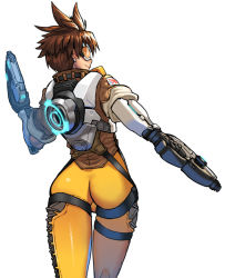 Rule 34 | 1girl, armor, ass, bodysuit, brown hair, cessa, cowboy shot, from behind, goggles, gun, looking at viewer, looking back, overwatch, overwatch 1, simple background, solo, tracer (overwatch), weapon, white background