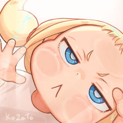 Rule 34 | 1girl, :&lt;, against fourth wall, artist name, blonde hair, blue eyes, child, commentary request, face, facing viewer, kozato (yu kozato), low twintails, original, shirt, short twintails, simple background, solo, twintails, white background, white shirt