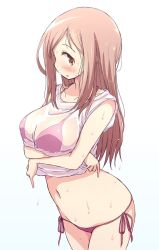 1girl aikawa_chiho bikini bikini_under_clothes blush breasts brown_eyes clothes_lift collarbone commentary_request cowboy_shot female_focus groin large_breasts lifting_own_clothes light_brown_hair long_hair looking_at_viewer mel_(melty_pot) navel open_mouth pink_bikini see-through_clothes shirt shirt_lift side-tie_bikini_bottom simple_background sleeveless sleeveless_shirt solo standing stomach string_bikini swimsuit wet wet_clothes wet_hair wet_shirt white_background white_shirt yuyushiki