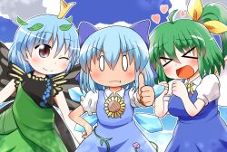 Rule 34 | &gt; &lt;, 3girls, :d, :t, antennae, blue bow, blue dress, blue hair, blue sky, blush, bow, brown eyes, butterfly wings, cirno, cloud, commentary, daiyousei, day, dress, eternity larva, facing viewer, fairy wings, flower, green dress, green hair, hair bow, hair ribbon, heart, ice, ice wings, insect wings, leaf, leaf on head, looking at viewer, multiple girls, one eye closed, open mouth, plant, puffy short sleeves, puffy sleeves, ribbon, rokugou daisuke, short hair, short sleeves, side ponytail, sky, smile, sunflower, tan, tanned cirno, touhou, vines, wings, xd, yellow ribbon