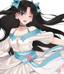 Rule 34 | black hair, blue eyes, breasts, cleavage, dress, earrings, fate/stay night, fate (series), flower earrings, hair ribbon, jewelry, long hair, one eye closed, open mouth, ribbon, solo, standing, tohsaka rin, two side up, yaoshi jun