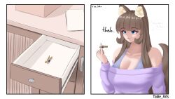 Rule 34 | 1girl, absurdres, animal ear fluff, animal ears, blue eyes, breasts, brown hair, cat ears, cat girl, cleavage, comic, drawer, highres, long hair, looking at object, simple background, sweater, takie, takie arts, tank top, text focus