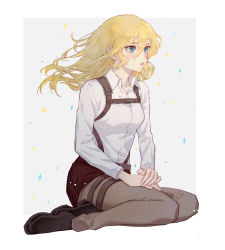 Rule 34 | 1girl, absurdres, belt, belt buckle, blonde hair, blue eyes, brown footwear, brown pants, buckle, chest belt, chinese commentary, krista lenz, collared shirt, commentary request, diamond (shape), floating hair, from side, full body, grey background, hair between eyes, hands on own thighs, highres, long hair, long sleeves, looking ahead, own hands together, pants, parted lips, shingeki no kyojin, shirt, shoes, sitting, solo, sparkle, star (symbol), thigh strap, tingaqingjianggushi, white shirt, yokozuwari