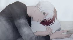 Rule 34 | 1boy, artist name, boku no hero academia, closed mouth, grey eyes, head on pillow, looking at viewer, lying, male focus, multicolored hair, on side, pillow, red hair, short hair, solo, sweater, todoroki shouto, two-tone hair, umi (ul8nl), upper body, white hair