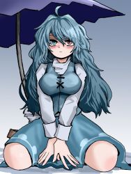 Rule 34 | 1girl, ahoge, alternate hair length, alternate hairstyle, blouse, blue eyes, blue hair, blue skirt, blue vest, breasts, closed mouth, cross-laced clothes, fe (tetsu), full body, gradient background, grey background, heterochromia, highres, large breasts, long hair, long sleeves, looking at viewer, purple umbrella, red eyes, seiza, shirt, sitting, skirt, solo, tatara kogasa, touhou, umbrella, v arms, vest, white shirt