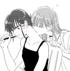 Rule 34 | 118hammer, 2girls, blush, closed eyes, closed mouth, collarbone, commentary request, greyscale, heart, light blush, monochrome, multiple girls, neck blush, nib pen (object), original, parted lips, pen, simple background, sitting, sweatdrop, white background, yuri
