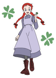 Rule 34 | 1girl, anne of green gables, anne shirley, artist request, blue dress, blue eyes, boot straps, boots, bow, clover, dress, freckles, hair bow, hair ornament, happy, holding, leggings, long hair, omosiro, red bow, red hair, simple background, smile, standing, teeth, tongue, white background, world masterpiece theater