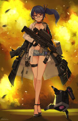 Rule 34 | 1girl, 20mm grenade, 20x30mm grenade, 20x30mm lv p k168, absurdres, airburst grenade launcher, ammunition, assault rifle, black-framed eyewear, black footwear, black gloves, black hair, black jacket, blue shorts, bolt-action grenade launcher, bolt action, breasts, bullpup, burst fire gun, burst fire rifle, cannon cartridge, carbine, cleavage, collarbone, collared shirt, commentary, commentary request, commission, computerized scope, crossed legs, daewoo k11, dinergate (girls&#039; frontline), dress shirt, dummy round, english commentary, explosion, explosive, fingerless gloves, girls&#039; frontline, glasses, gloves, grenade, grenade cartridge, grenade launcher, gun, hair between eyes, highres, holding, holding gun, holding weapon, jacket, k11 (girls&#039; frontline), large-caliber cartridge, looking at viewer, medium breasts, multi-weapon, multiple-barrel firearm, navel, ndtwofives, open clothes, open jacket, open shirt, precision-guided firearm, rectangular eyewear, red eyes, rifle, shirt, shoes, short-barreled rifle, short shorts, shorts, side ponytail, sight (weapon), smart scope, smile, solo, standing, subsonic ammunition, telescopic sight, thermal weapon sight, underbarrel assault rifle, underbarrel rifle, watson cross, weapon, white shirt