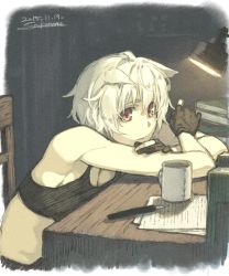 Rule 34 | 1girl, animal ears, bare shoulders, black gloves, book stack, bra, chair, cup, dated, nib pen (object), gloves, inubashiri momiji, looking at viewer, no headwear, open mouth, paper, pen, red eyes, seu kaname, short hair, signature, sitting, solo, table, touhou, underwear, white hair, wolf ears
