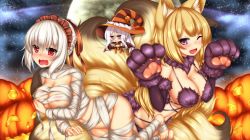 Rule 34 | ;d, animal ears, animal hands, areola slip, asherah (sennen sensou aigis), bandages, blonde hair, blush, boots, braid, breast hold, breasts, chibi, commentary request, embarrassed, eyes visible through hair, fang, fox ears, fox tail, fur trim, gloves, hair ribbon, halloween, hat, highres, jack-o&#039;-lantern, kayou (sennen sensou aigis), large breasts, long hair, minaha (playjoe2005), mole, mole on breast, multiple tails, one eye closed, open mouth, paw gloves, purple eyes, red eyes, ribbon, sennen sensou aigis, serra (sennen sensou aigis), smile, tail, wavy mouth, white hair, witch hat