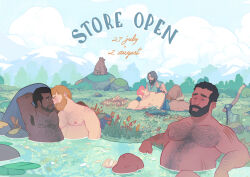 Rule 34 | 5boys, arm hair, armpit hair, armpits, axe, bara, bear, bear-shaped clouds, beard, bearscape, belly, blonde hair, blush, body freckles, chest hair, cloud, cloudy sky, completely nude, couple, dark-skinned male, dark skin, facial hair, fat, fat man, forehead-to-forehead, forest, freckles, hairy, heads together, highres, interracial, lake, large pectorals, lily pad, magic: the gathering, male focus, mature male, mountain, multiple boys, mustache, nature, navel hair, nipples, nude, official art, pectorals, petals, pink hair, planted, planted axe, ricardo bessa, shaped cloud, short hair, sky, stomach, topless male, tree, water, yaoi
